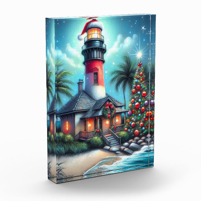 Whimsical Tropical Christmas Lighthouse Aquamarin  Fotoblock (Links)
