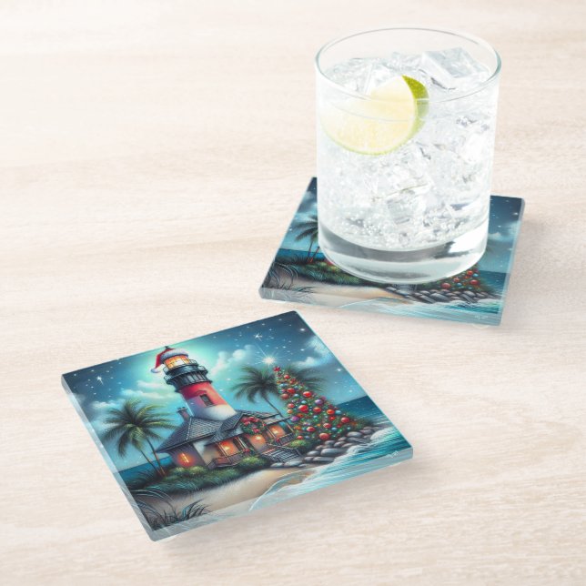 Whimsical Tropical Christmas Lighthouse Aquamarin  Glasuntersetzer (Schrägansicht)