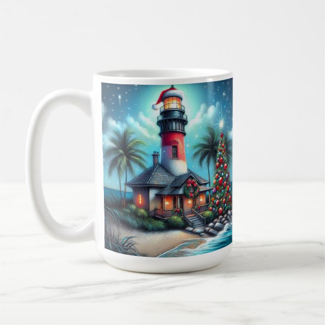 Whimsical Tropical Christmas Lighthouse Aquamarin  Kaffeetasse (Links)