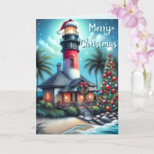 Whimsical Tropical Christmas Lighthouse Aquamarin  Karte