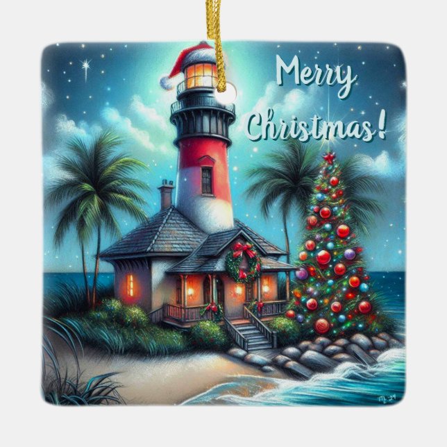 Whimsical Tropical Christmas Lighthouse Aquamarin  Keramikornament (Vorderseite)