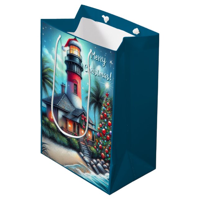 Whimsical Tropical Christmas Lighthouse Aquamarin  Mittlere Geschenktüte (Vorderseite Schrägansicht)