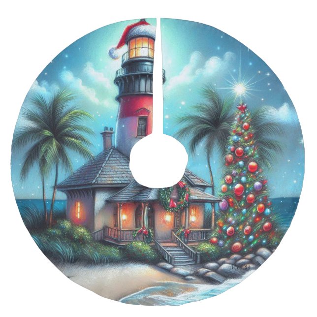 Whimsical Tropical Christmas Lighthouse Aquamarin  Polyester Weihnachtsbaumdecke (Vorderseite)