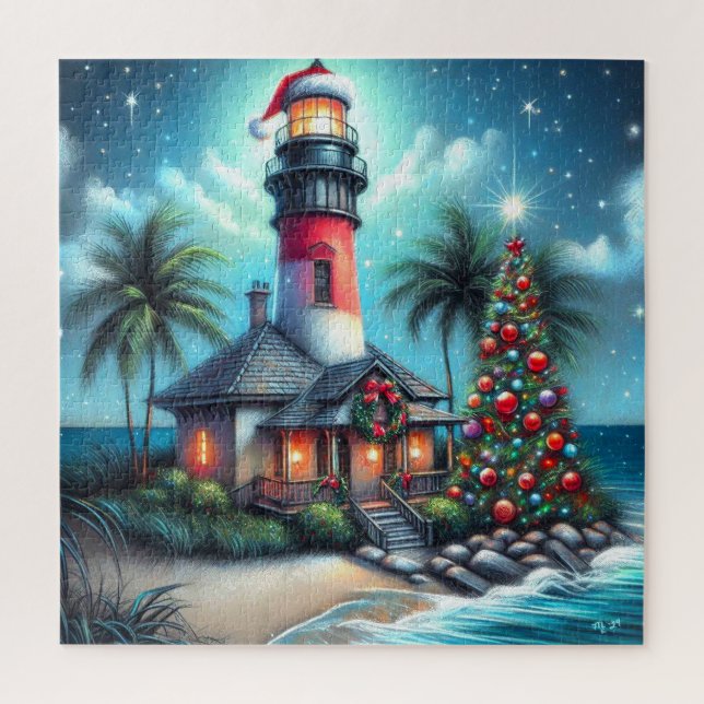 Whimsical Tropical Christmas Lighthouse Aquamarin  Puzzle (Vertikal)