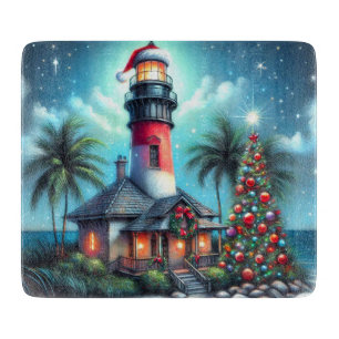 Whimsical Tropical Christmas Lighthouse Aquamarin  Schneidebrett