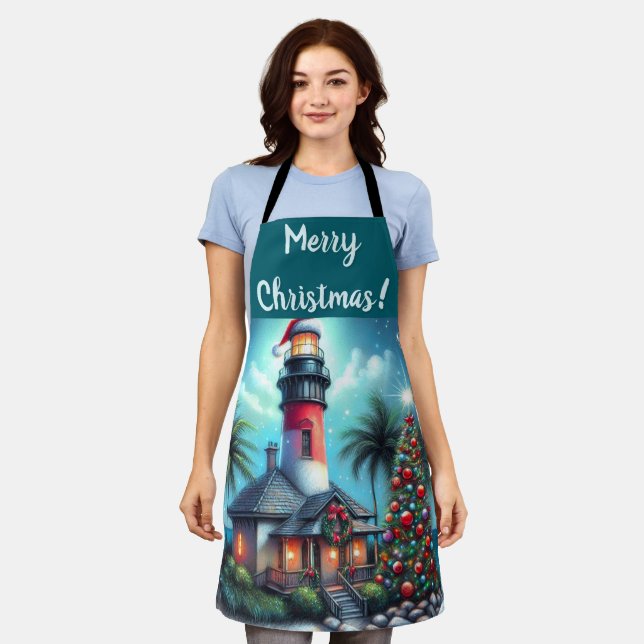 Whimsical Tropical Christmas Lighthouse Aquamarin  Schürze (Getragen)