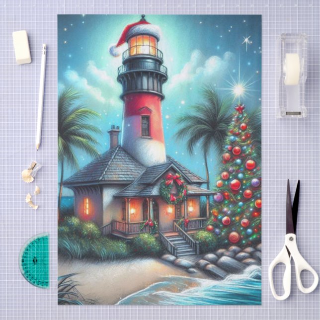 Whimsical Tropical Christmas Lighthouse Decoupage Seidenpapier (Handwerk)
