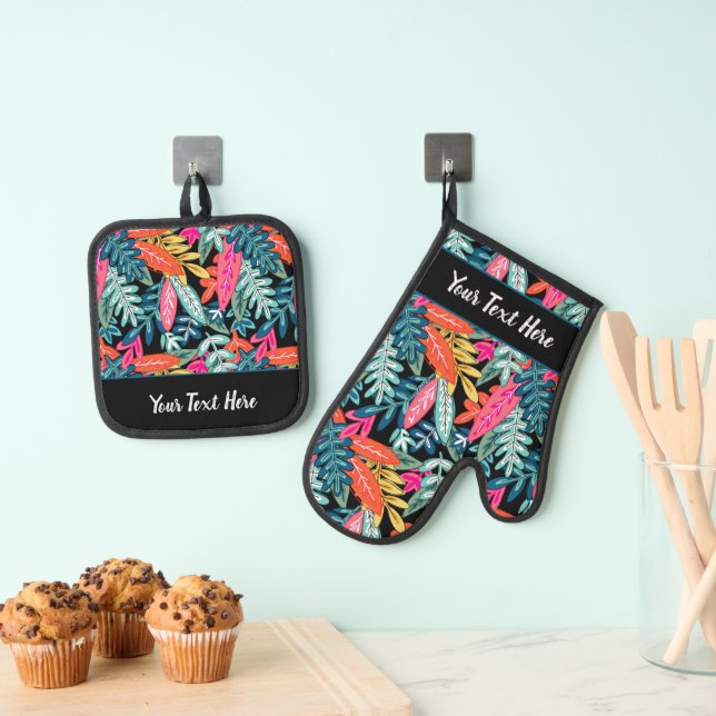 Whimsical Tropical Floral Leaf Print Ofenhandschuh & Topflappen-Set (Insitu (Hängend))
