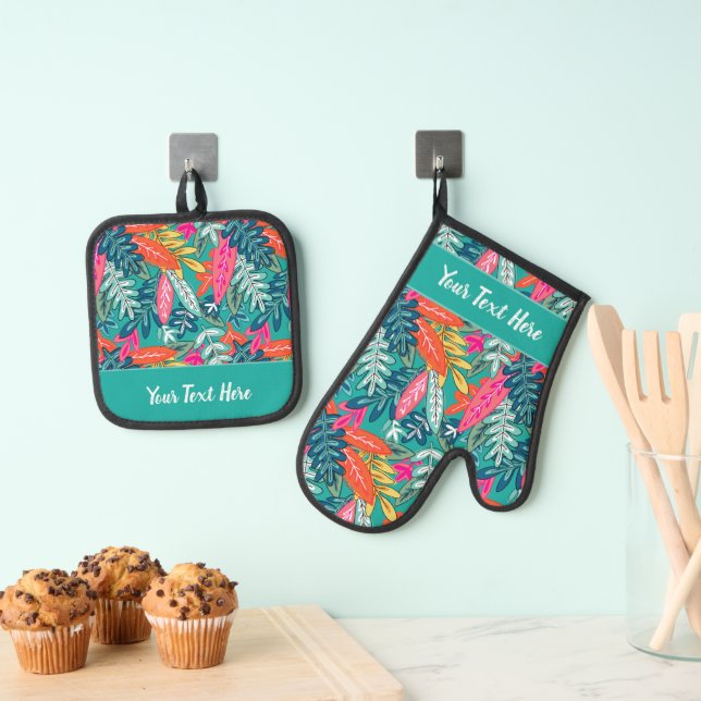 Whimsical Tropical Floral Leaf Print Ofenhandschuh & Topflappen-Set (Insitu (Hängend))