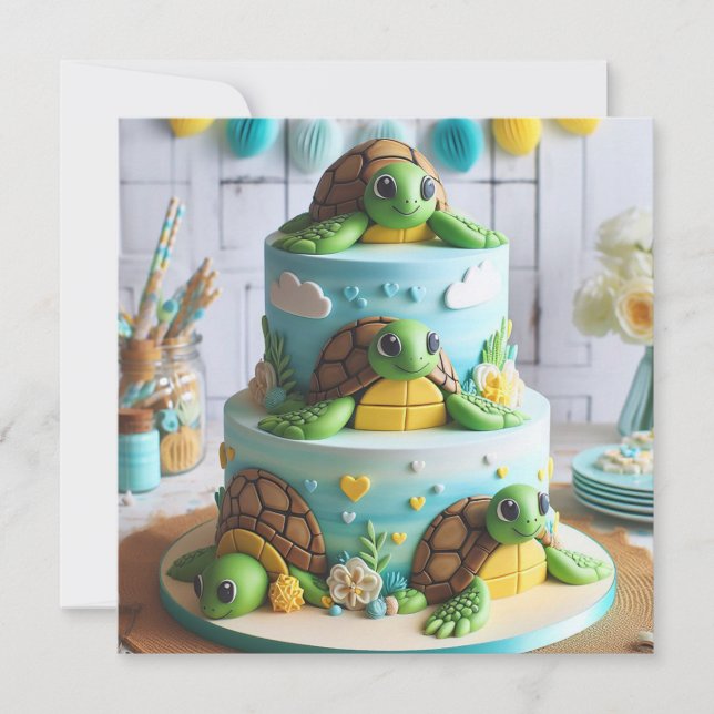 WHIMSICAL TURTLE CAKE BIRTHDAY EINLADUNG (Vorderseite)