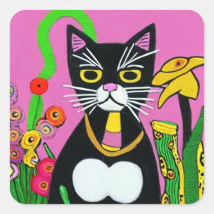 Whimsical Tuxedo Katze mit Blume Folk Kunst Quadratischer Aufkleber