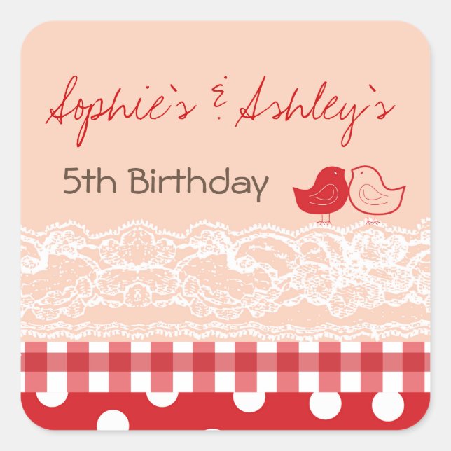 Whimsical Twin Birds Lace Geburtstagsparty Sticker (Vorderseite)