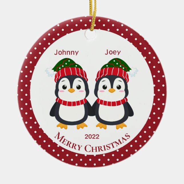 Whimsical Twin Brothers Pinguine Personalisiert Keramik Ornament (Vorne)