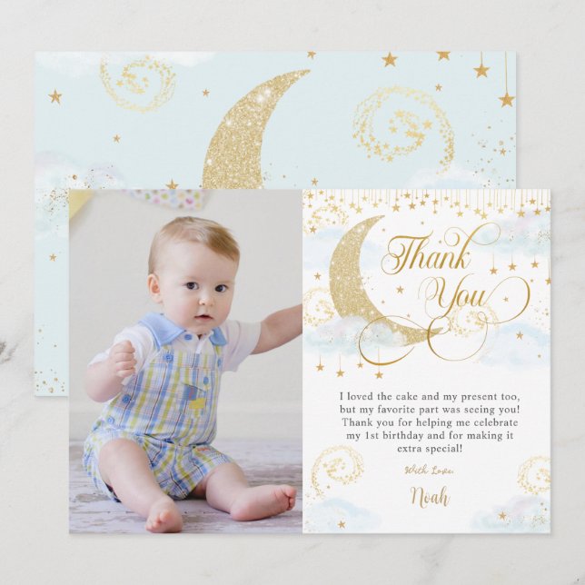 Whimsical Twinkle Little Star Blue Birthday Foto Dankeskarte (Vorne/Hinten)