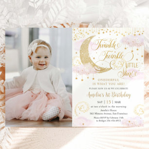 Whimsical Twinkle Little Star Pink 1. Geburtstag Einladung