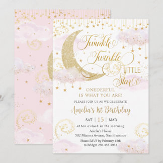 Whimsical Twinkle Little Star Pink 1. Geburtstag Einladung