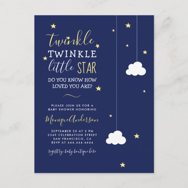 Whimsical Twinkle Twinkle Little Star Baby Dusche Einladungspostkarte (Vorderseite)
