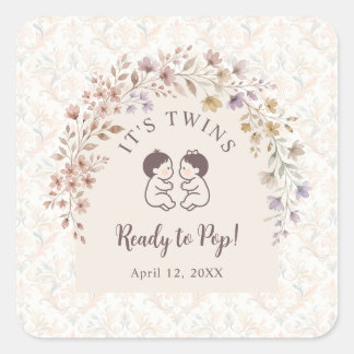Whimsical Twins Baby Shower Pastell-Blumenmuster L Quadratischer Aufkleber