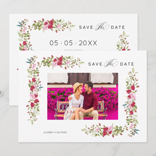 Whimsical Typography Red & Pink Shades Flowers Save The Date (Vorne/Hinten)
