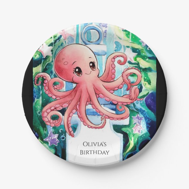 Whimsical Under Sea Octopus Birthday Pappteller (Vorderseite)