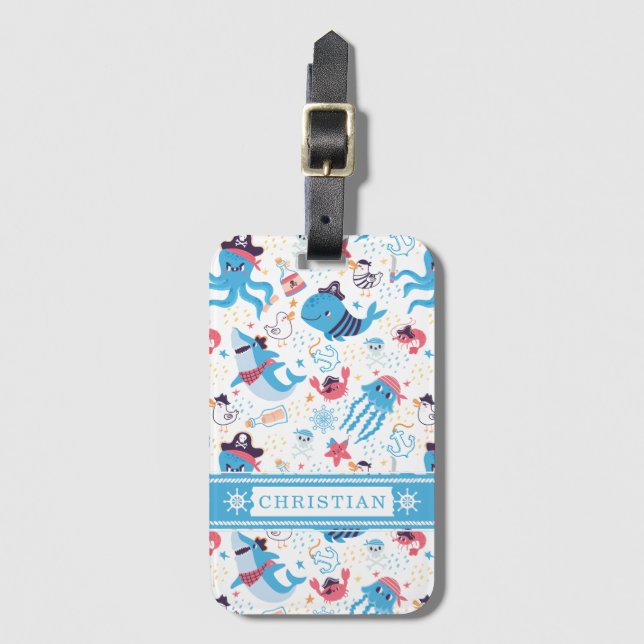 Whimsical Under Sea Pirate Nautical Theme Kids Gepäckanhänger (Vorderseite Vertikal)