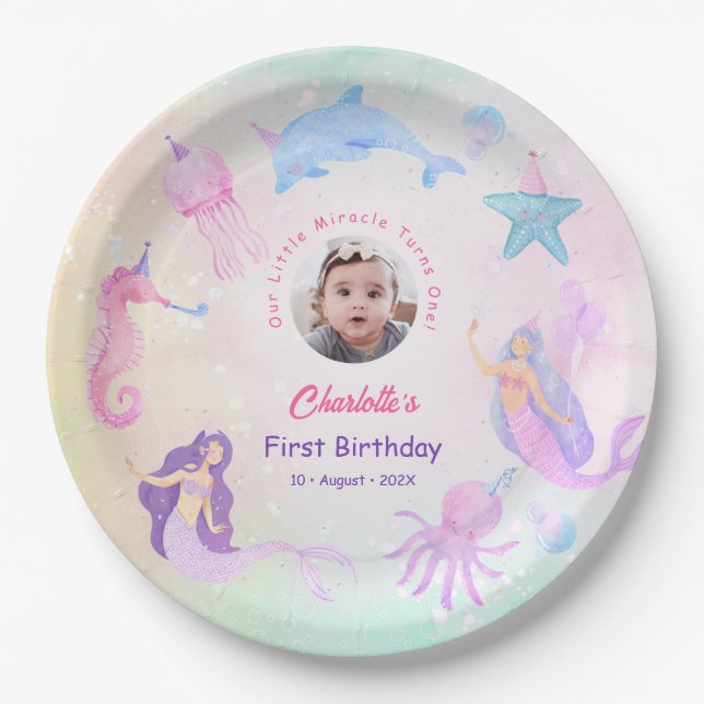 Whimsical Under the Sea Mermaid Girl 1st Birthday  Pappteller (Vorderseite)
