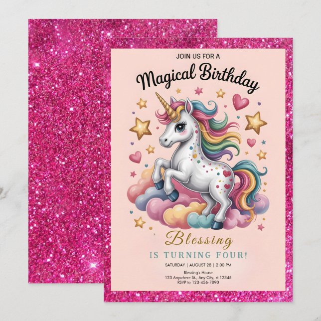 Whimsical Unicorn 4th Birthday Einladung (Vorne/Hinten)
