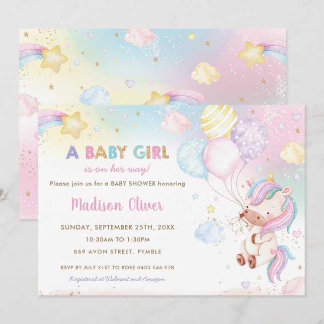 Whimsical Unicorn Balloons Rainbow Baby Dusche Einladung (Vorne/Hinten)