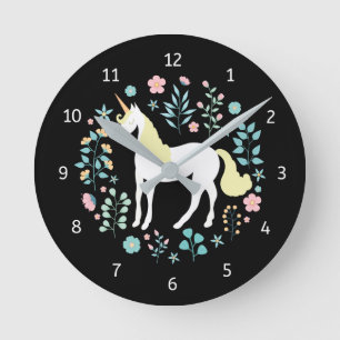 Whimsical Unicorn & Blume Black Runde Wanduhr