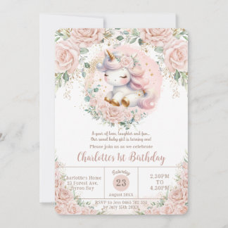 Whimsical Unicorn Blush Pink Floral Geburtstagspar Einladung