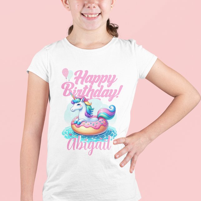Whimsical Unicorn Donut Niedlich Rainbow Pool Part T-Shirt ( Girl wearing a "Happy Birthday" unicorn t-shirt.)