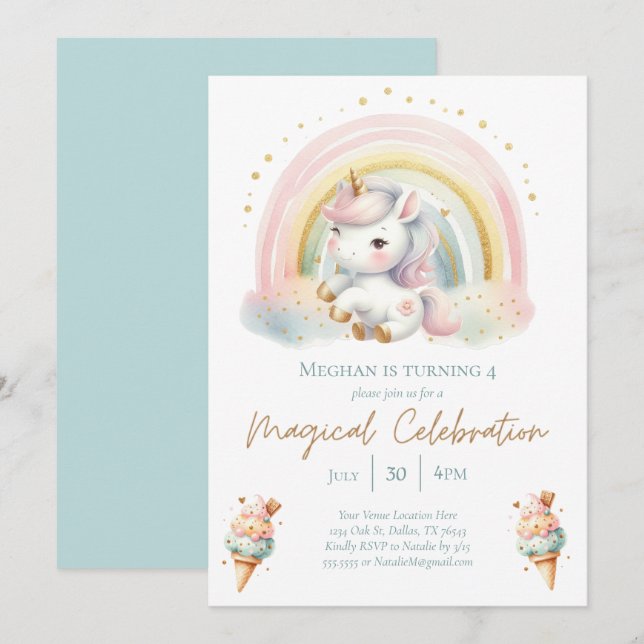 Whimsical Unicorn, Eiscreme und Regenbogen Geburts Einladung (Vorne/Hinten)