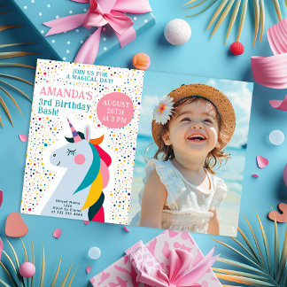 Whimsical Unicorn & Foto Geburtstagskarte Einladung