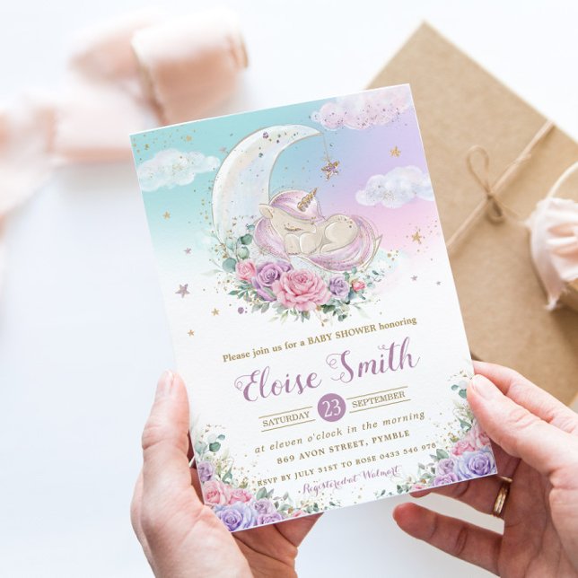 Whimsical Unicorn Moon Lila Floral Baby Dusche Einladung (Von Creator hochgeladen)