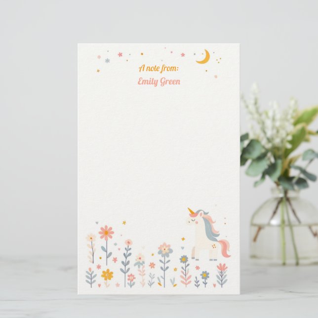 Whimsical Unicorn Night Garden Stationery Briefpapier (Stehend Vorderseite)
