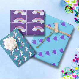 Whimsical Unicorn Rainbow Heart Wrapping Paper Geschenkpapier Set