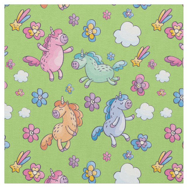 Whimsical Unicorns und Helle Hübsche Blume Stoff (Nahaufnahme)
