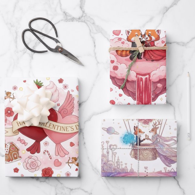 "Whimsical Valentine" Mixed Illustration Wrapping  Geschenkpapier Set (Vorderseite)
