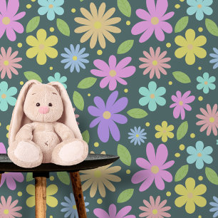Whimsical Vibrancal Pastel Garden Blüten auf Grün Tapete
