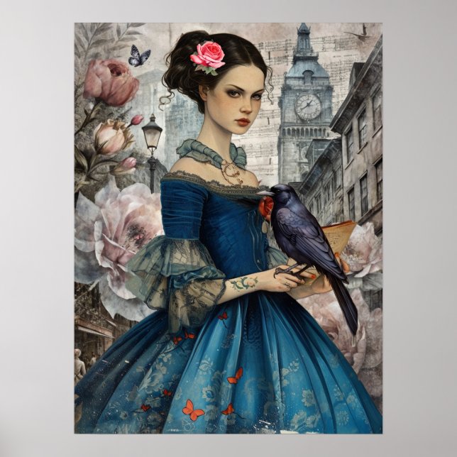 Whimsical Viktorianisch Gothic Girl & Florals Lond Poster (Vorne)