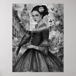 Whimsical Viktorianisch Gothic Girl & Florals Lond Poster