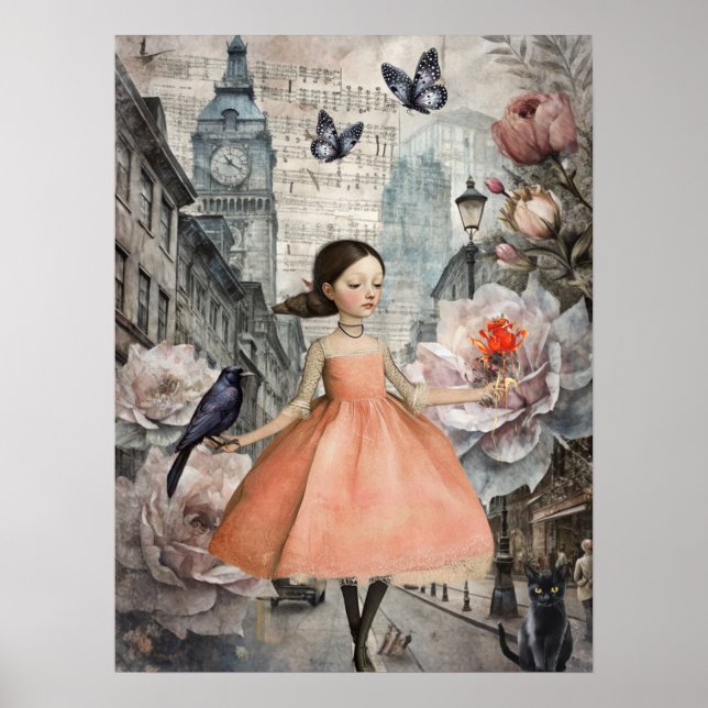 Whimsical Viktorianisch Gothic Girl & Florals Lond Poster (Vorne)
