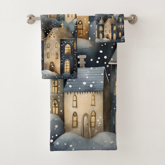 Whimsical Village Starry Skies Navy Gold Badhandtuch Set (Insitu)