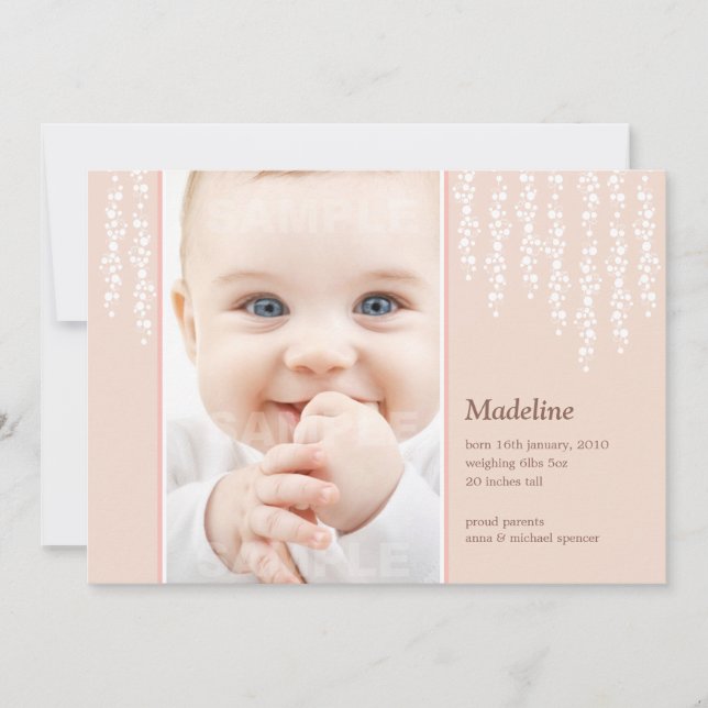 Whimsical Vines Geburtsankündigung Pink Card Ankündigung (Vorderseite)