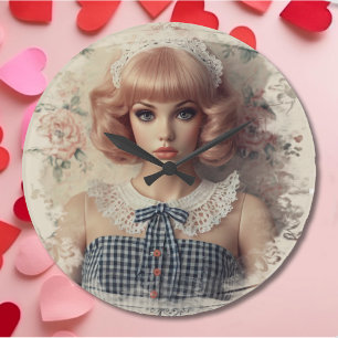 Whimsical Vintag Dollcore Girl Große Wanduhr