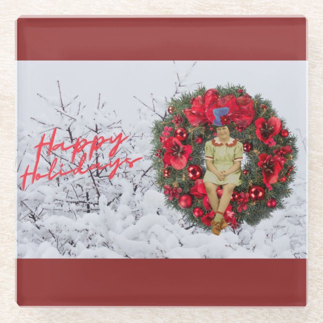 Whimsical Vintag Girl Weihnachtsfeiertag Glasuntersetzer (Vorderseite)