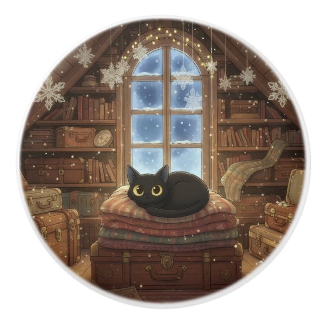 Whimsical Vintage Attic Black Cat Keramikknauf (Vorderseite)