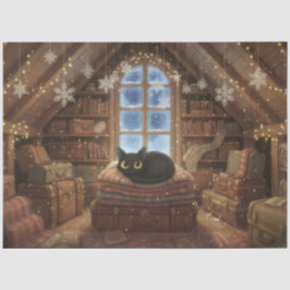 Whimsical Vintage Black Cat at the Attic Decoupage Seidenpapier