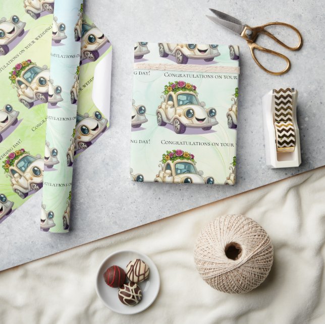 Whimsical Vintage Car Wedding Herzlichen Glückwuns Geschenkpapier (Kunsthandwerk)