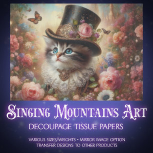 Whimsical Vintage Katze und Rosen Decoupage Seidenpapier